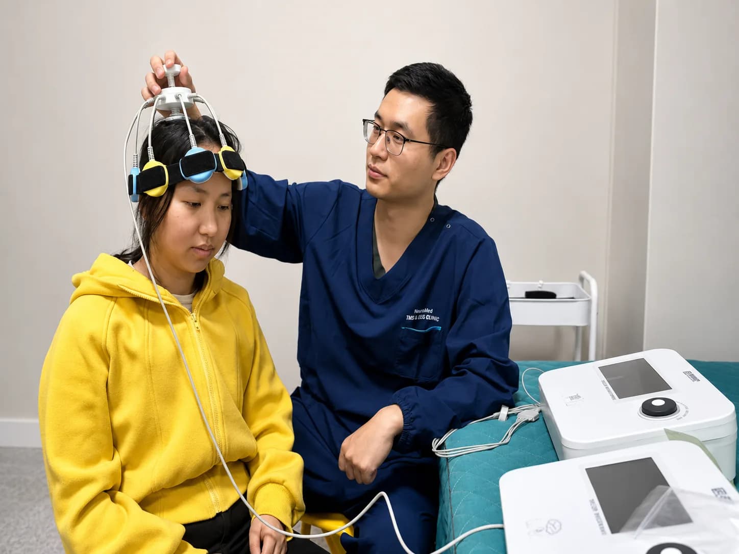 Специалист H&B Neurolife проводит сеанс транскраниальной магнитной стимуляции (TMS) с магнитной катушкой на голове ребёнка